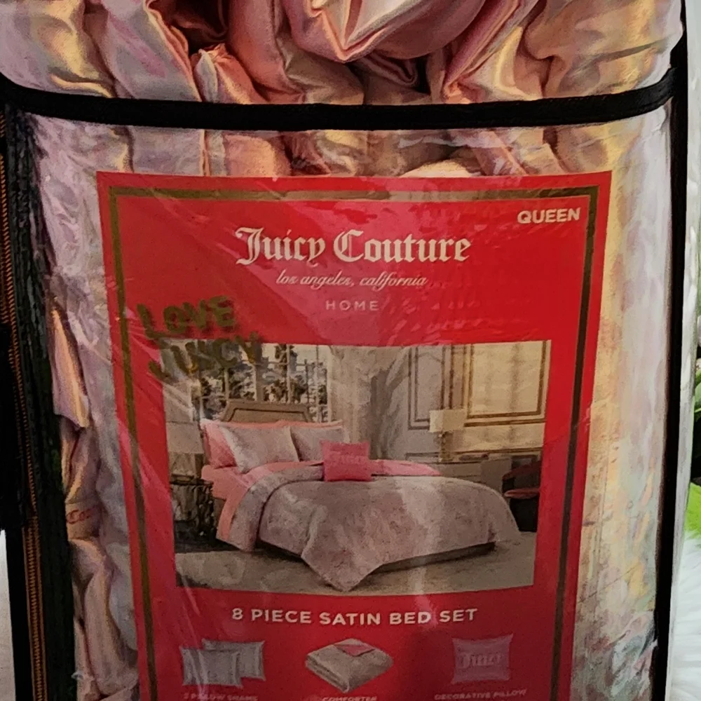Juicy Couture Pink and Silver Satin Comforter Set - Queen